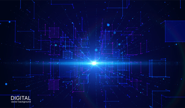 Abstract geometric background of big data space, with grid of square shapes and glowing connection dots. Network infrastructure, data centers, cloud storage mapping, digital communication frameworks