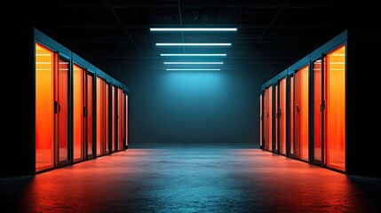 Modern server racks with glowing orange interiors illuminated by blue light.