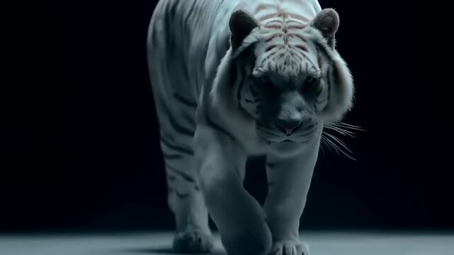 Majestic white tiger walking forward against dark background