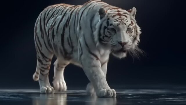 Majestic white tiger walking on a reflective surface against a dark backdrop