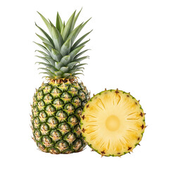 Fresh Pineapple Fruit and Sliced Cross Section Isolated on White Background