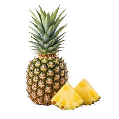 Fresh Pineapple Fruit with Green Leaves and Sliced Pieces Isolated on White Background