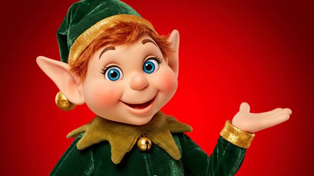 A cheerful Christmas elf in a green suit with gold trim offers a warm welcome, Festive holiday character ready to spread joy, holiday cheer