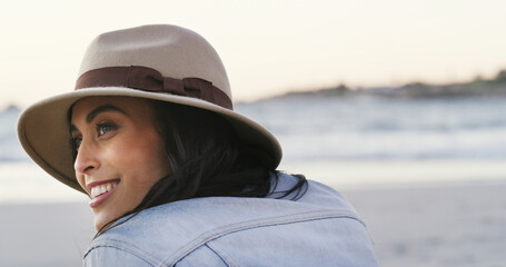 Beach, smile and thinking with woman on vacation, summer holiday and space on adventure. Thoughts,...