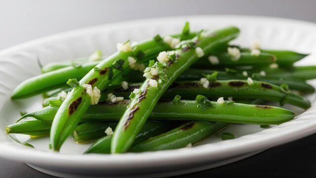 Grilled green beans with garlic and herbs seasoned with char marks on a white plate