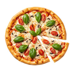 Delicious homemade pizza with mushrooms, tomatoes, and basil on a white background