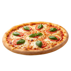 Delicious homemade pizza with fresh tomatoes and basil leaves on top