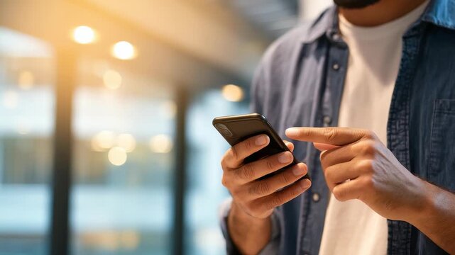 A man interacts with his smartphone, touching the screen with intent and focus. The scene captures the essence of connectivity and daily digital life in a modern setting
