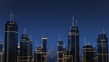 A conceptual rendering of a futuristic city skyline at night, featuring abstract modern glass buildings with a glowing light network symbolizing data and global technology.