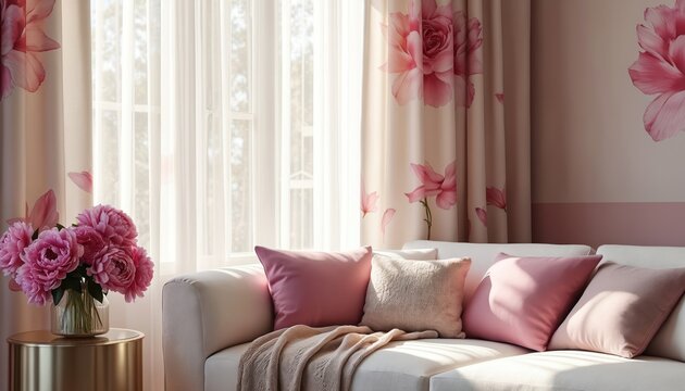 Light pink floral patterned curtains frame a sunlit window. A white couch with cushions and a blanket sits nearby. A vase of pink peonies rests on a round table.