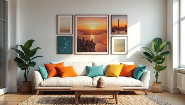 Cozy living room features white sofa with colorful pillows, artworks on wall. Two large potted plants flank sofa, coffee table sits on rug. Interior decor with city skyline sunset view, abstract art.