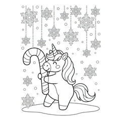 Obraz premium Unicorn holding large candy cane with snowflakes and stars falling in background, creating joyful winter holiday coloring page scene for kids and adults