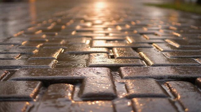Porous paving blocks on a walkway glisten with rainwater moments after a light shower