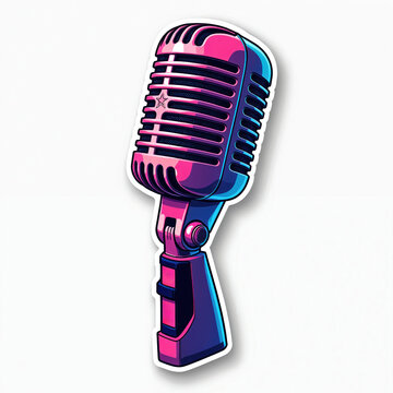 Vintage microphone sticker with pink and blue neon lights. Retro mic for singing, podcasting, music creation. Fun graphic for audio, voice, and sound.