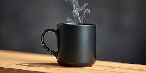 Sleek, matte black coffee mug, steaming brew visible,  hot drink,  autumn