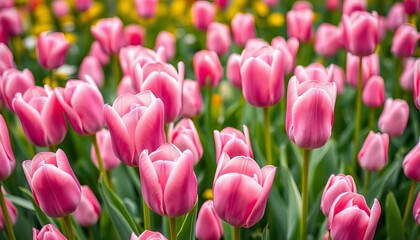 Obraz premium Soft pink tulips in full bloom, vibrant spring backdrop, detail, bloom