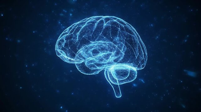 "Digital wireframe rendering of glowing blue human brain with particles on dark background"