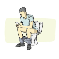 young man seated on a toilet with his smartphone illustration vector sketch with black lines