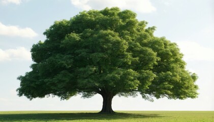 Fototapeta premium Tranquil landscape with tall tree in vast green field under blue sky with scattered white clouds.