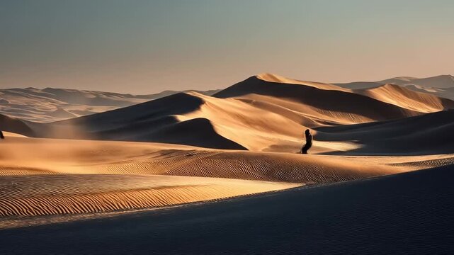 Sandboarding silhouette across dramatic desert dunes under warm sunlight
