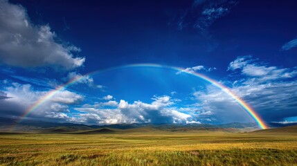 Fototapeta premium A stunning rainbow stretches across the sky above a lush green meadow evoking a sense of wonder and beauty.