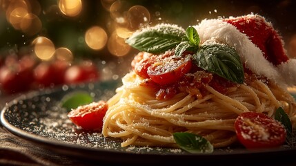 Appetizing Christmas Pasta Concept Featuring Italian Spaghetti with Tomato Sauce and Basil Topped with Santa Hat on Festive Bokeh Background