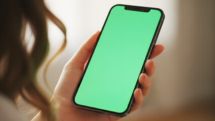 Hand holding mobile smartphone with blank green screen chroma key for mockup close up view of woman with brown wavy hair surfing internet website for digital lifestyle app display
