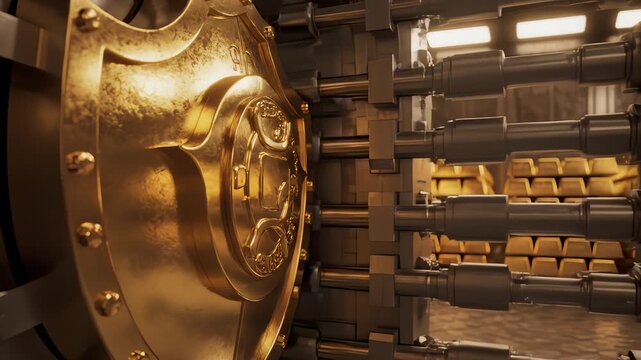 Opening Bank Vault Door With Gold Bars in Background, Security Concept