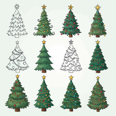 Collection of Christmas Trees with Star Toppers and Decorations.