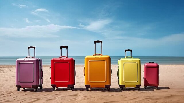 Colorful suitcases on sandy beach with blue sky, summer travel vacation concept