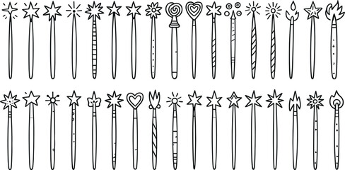 A comprehensive vector set of simple black outline magic wands and star wands, featuring various designs perfect for fantasy, fairy, wizard, party, and children's graphic projects. © Kharshad Creative
