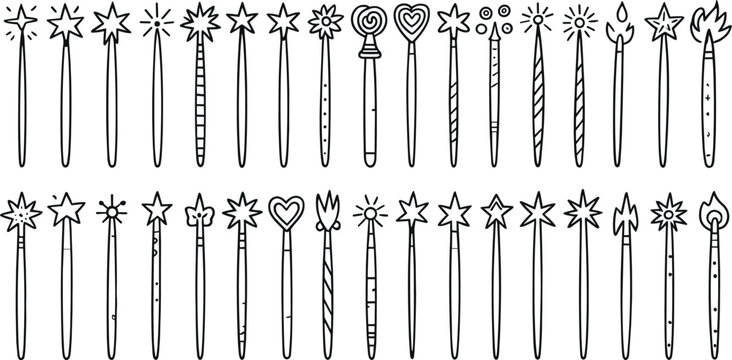 A comprehensive vector set of simple black outline magic wands and star wands, featuring various designs perfect for fantasy, fairy, wizard, party, and children's graphic projects.