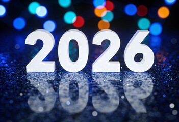 Happy new year 2026 against blurry lights on glitter surface background with full frame reflection concept