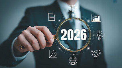 Professional explores 2026 prospects with a magnifying glass, evaluating business concepts and future vision, strategizing for success