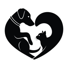 Minimalist black silhouette illustration of a dog and cat forming a heart shape