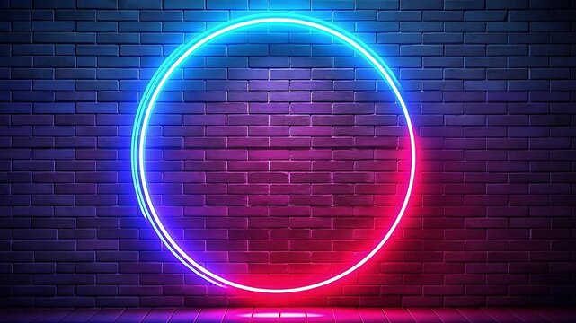 Glowing neon circle with blue and pink light animating on a brick wall. Futuristic retro background for text or logo. Abstract motion graphics with copy space
