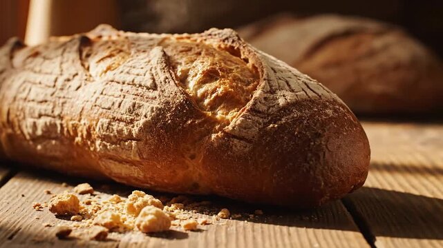 A warm, crusty loaf of artisan bread rests on a rustic wooden table, showcasing its golden-brown texture and freshly baked appeal.