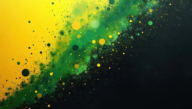Abstract splash paint art with dynamic green yellow black colors. Energetic splatter pattern on dark backdrop. Vibrant texture conveys motion and depth. Creative graphic design element for background.