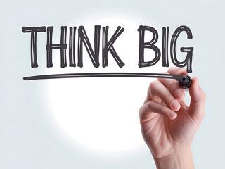 A close-up shot of a hand using a black marker to write the motivational phrase "think big" on a white surface