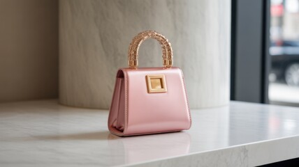 Elegant Accessory: A luxurious, rose-colored handbag with a dazzling handle resting gracefully atop a marble surface, embodies timeless sophistication.