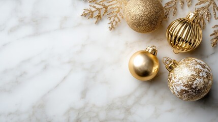Luxury Christmas background with gold ornaments, white marble surface, soft studio lighting, elegant premium holiday style 