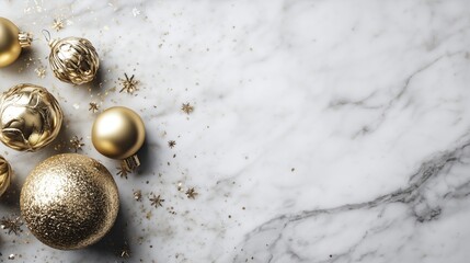 Luxury Christmas background with gold ornaments, white marble surface, soft studio lighting, elegant premium holiday style 