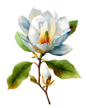 Watercolor magnolia flower illustration isolated on transparent background