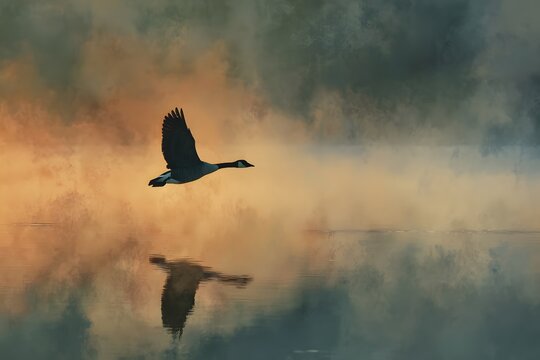 Peaceful flying bird soa over misty lake du sunrise with vibrant colors and tranquil atmospheric scene