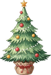 Fototapeta premium Beautiful christmas tree decorated with ornaments and lights isolated on transparent background