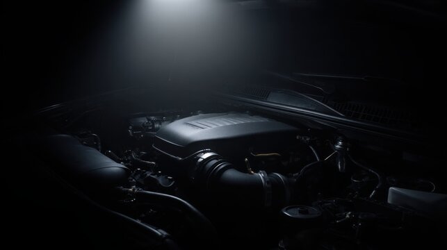 turbo diesel engine bay with focused spotlight, surrounding darkness, heavy mechanical feel, minimal composition, empty dark side of frame, cinematic