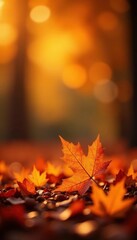 Amber backdrop, glowing maple leaf bokeh, cozy Thanksgiving feel, leaves, design