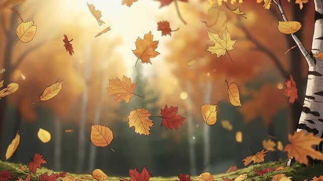 Vibrant autumn leaves gently drift and fall through a serene, animated forest scene, painting the environment with rich hues of orange, yellow, and red. The picturesque background features soft, diffu
