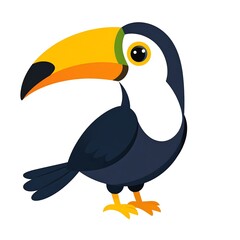 Fototapeta premium A vibrant illustration features a stylized toucan with a large yellow and orange beak, contrasting dark blue body, and white chest