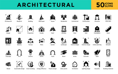 Naklejka premium Architectural icons set with Energy efficiency, Passive design, Solar panels, Ventilation, Lighting design, Acoustics, Building materials icon. Simple glyph vector 